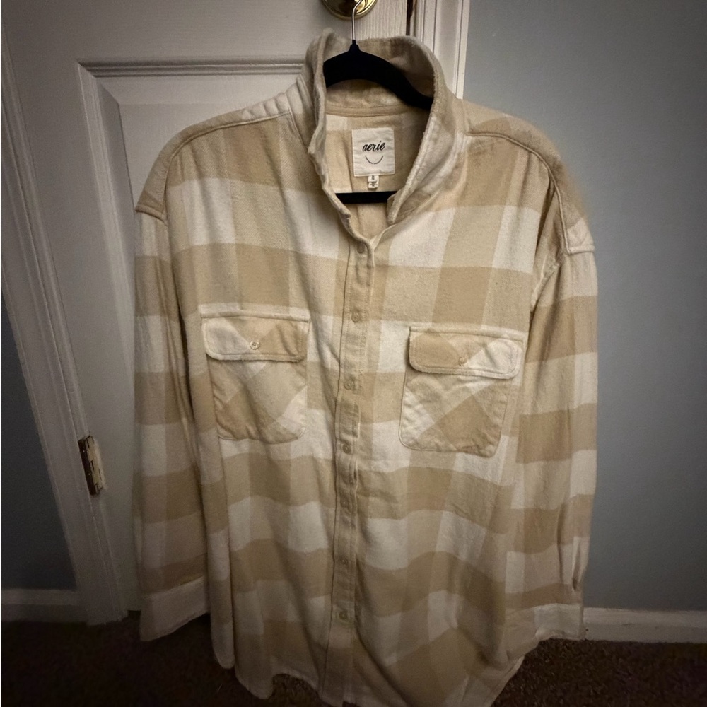 Aerie Beige and White Plaid Shirt